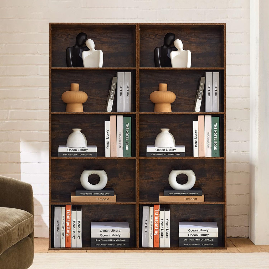 5-Tier Open Bookshelves and Bookcases Set of 2, Farmhouse Bookshelf with Display Storage Shelves, Wooden Bookcase for Living Room, Home Office, Bedroom, Brown