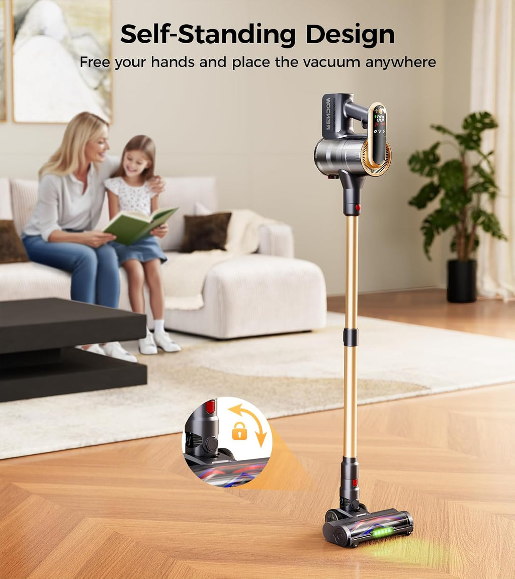 RENDOW Cordless Vacuum Cleaner, 65Mins 550W 45Kpa Stick Vacuum, Self-Standing Vacuum Cleaners for Home with LED Display, Anti-Tangle Rechargeable Vacuum Cordless for Pet Hair/Carpet/Hard Floor