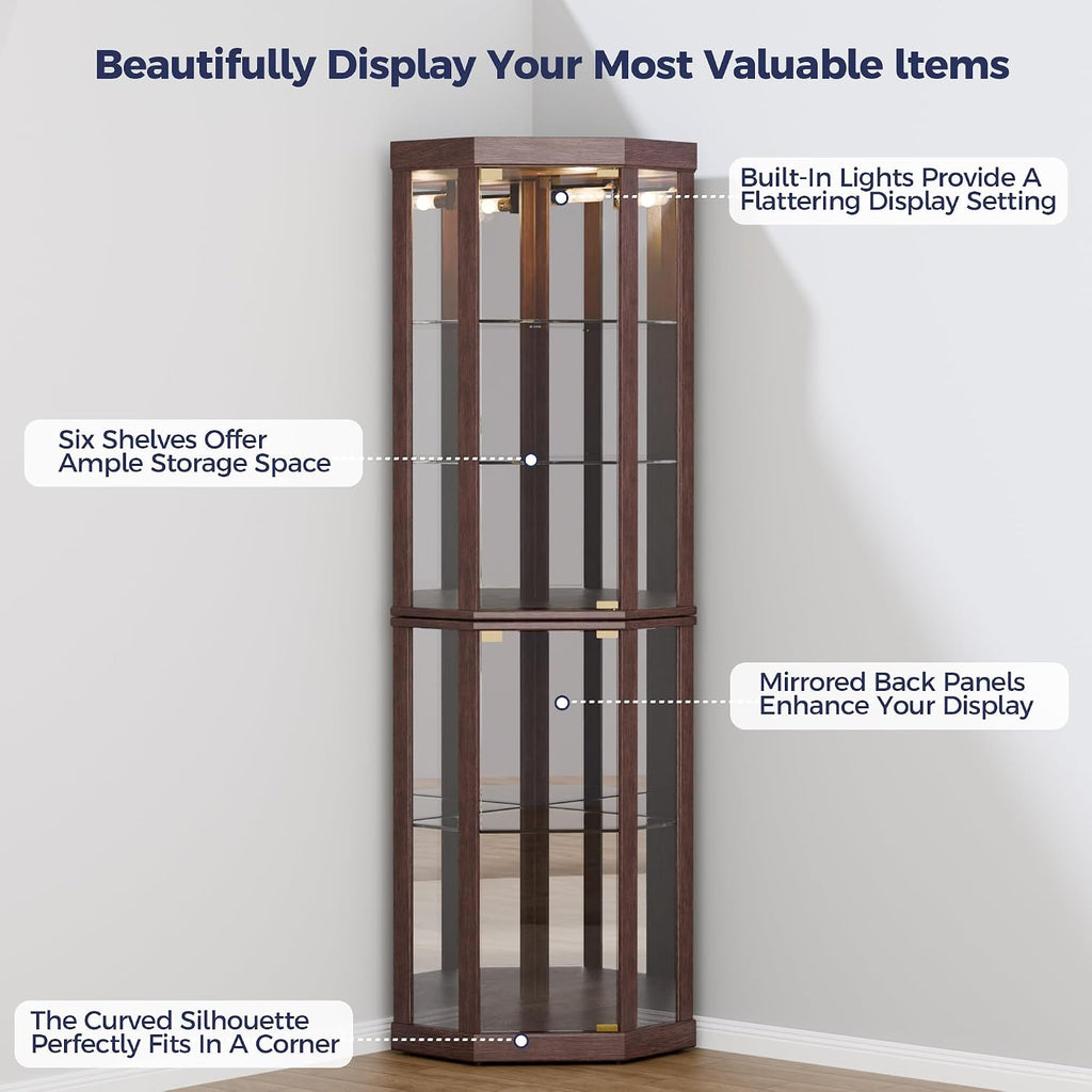 Lighted 3-Side Glass Display Curio Cabinet, Accent Wooden Corner Cabinet with Elegant Glass Door, Wooden Storage Display Case for Living Room, Dining Room, Dark Cherry