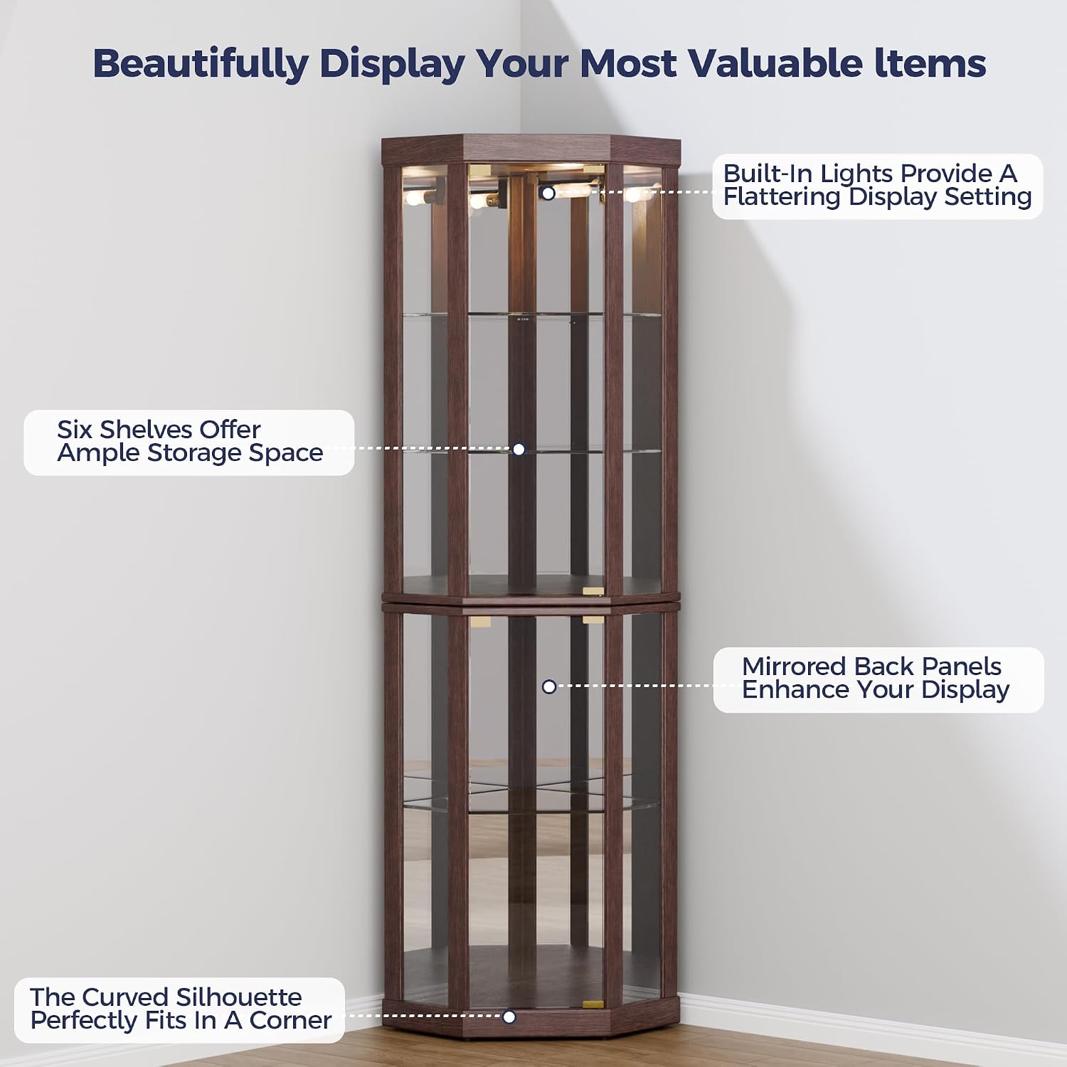 Lighted 3-Side Glass Display Curio Cabinet, Accent Wooden Corner Cabinet with Elegant Glass Door, Wooden Storage Display Case for Living Room, Dining Room, Dark Cherry
