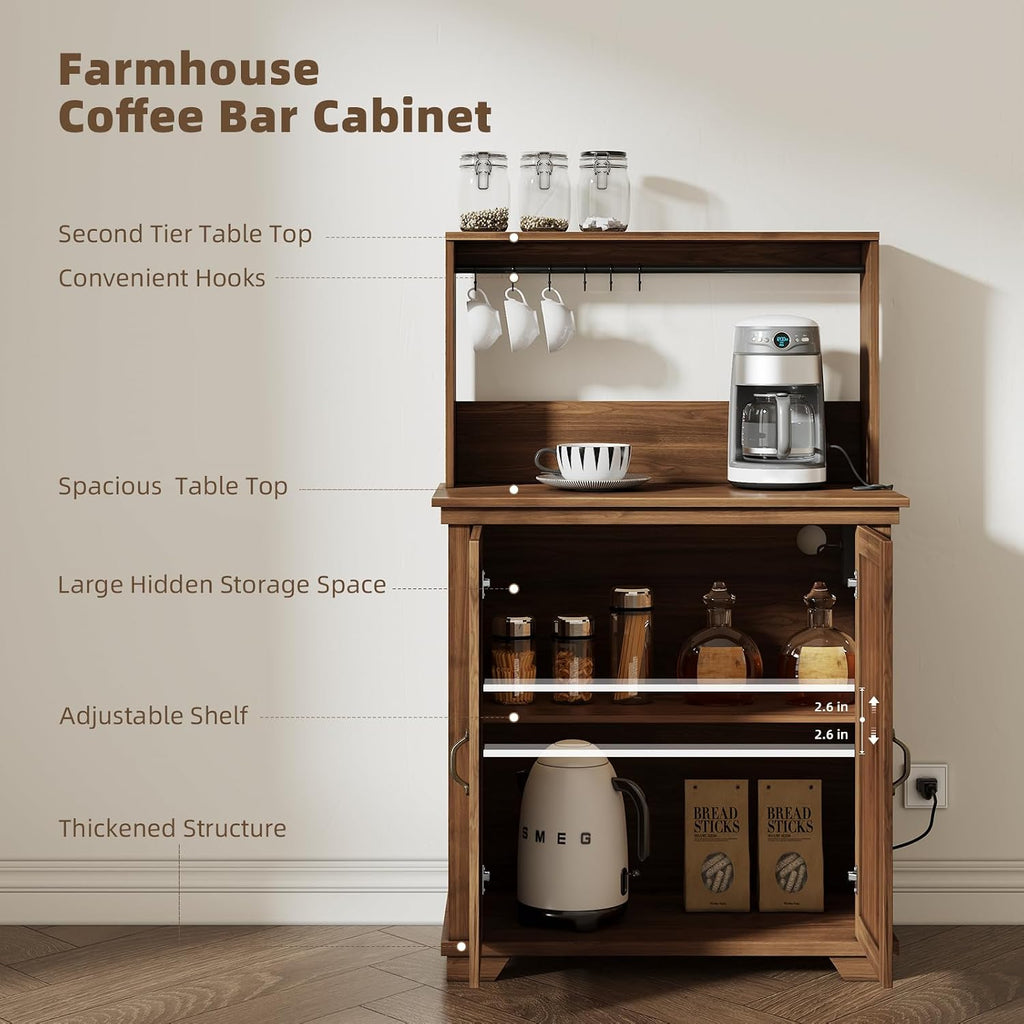 JOINICE Farmhouse Coffee Bar Cabinet with Storage,31.5' Kitchen Cabinet with Hooks and Charging Station,Coffee Station with Adjustable Shelf and Hutch,Sideboard for Living Dining Room