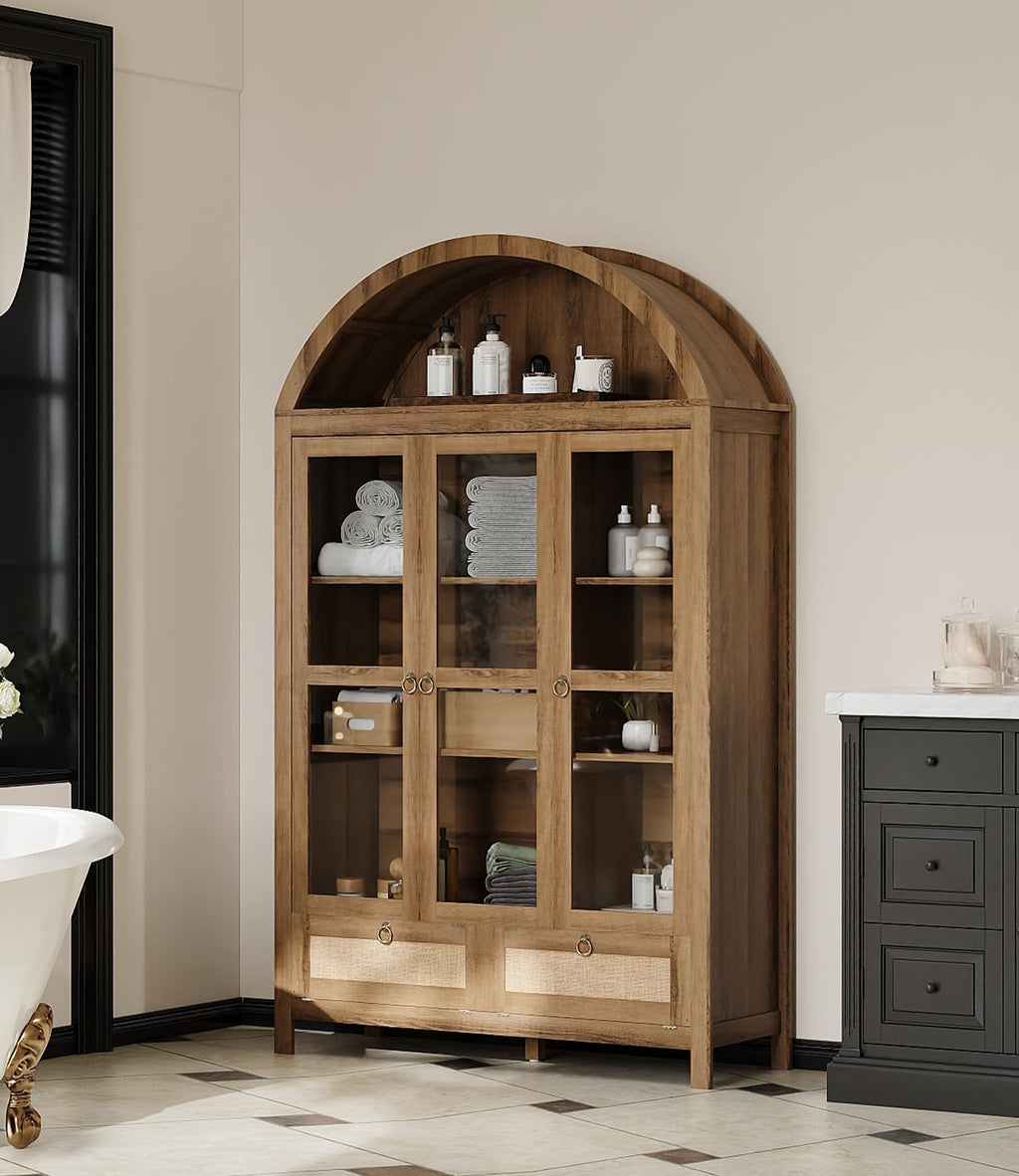 TYBOATLE 75'' Arched Cabinet Classic Farmhouse Design w/Three Glass Doors, Arch Cabinet w/Rattan Drawers and Anti-Tipping Device, Versatile Cupboard for Kitchen, Bathroom, Natural