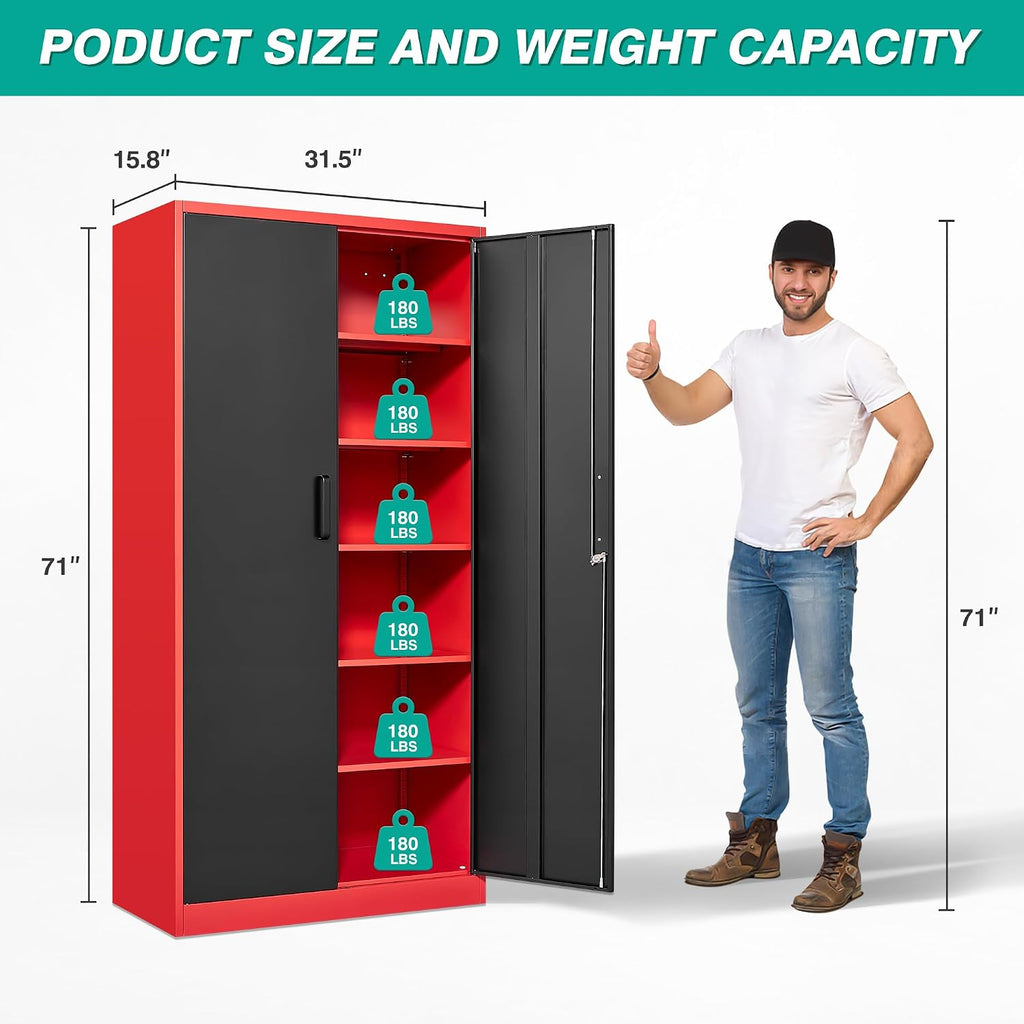 6 Tier Garage Storage Cabinet with 5 Adjustable Shelves,Metal Storage Cabinet with Lock,Red Black Metal Cabinet with Locking Doors,Steel Locker,71' Lockable Storage Cabinets for Home,Office,Garage