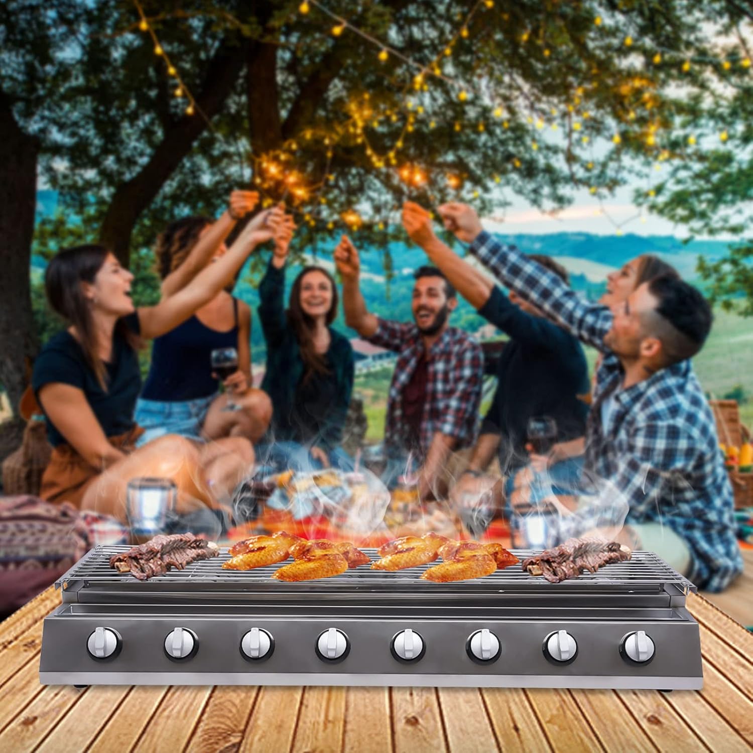 8 Burners BBQ Gas Grill, Commercial Gas Grill Griddle, Gas Indoor/Outdoor Grill BBQ Grill with Temperature Control, Flat Hotplate Smokeless Grill