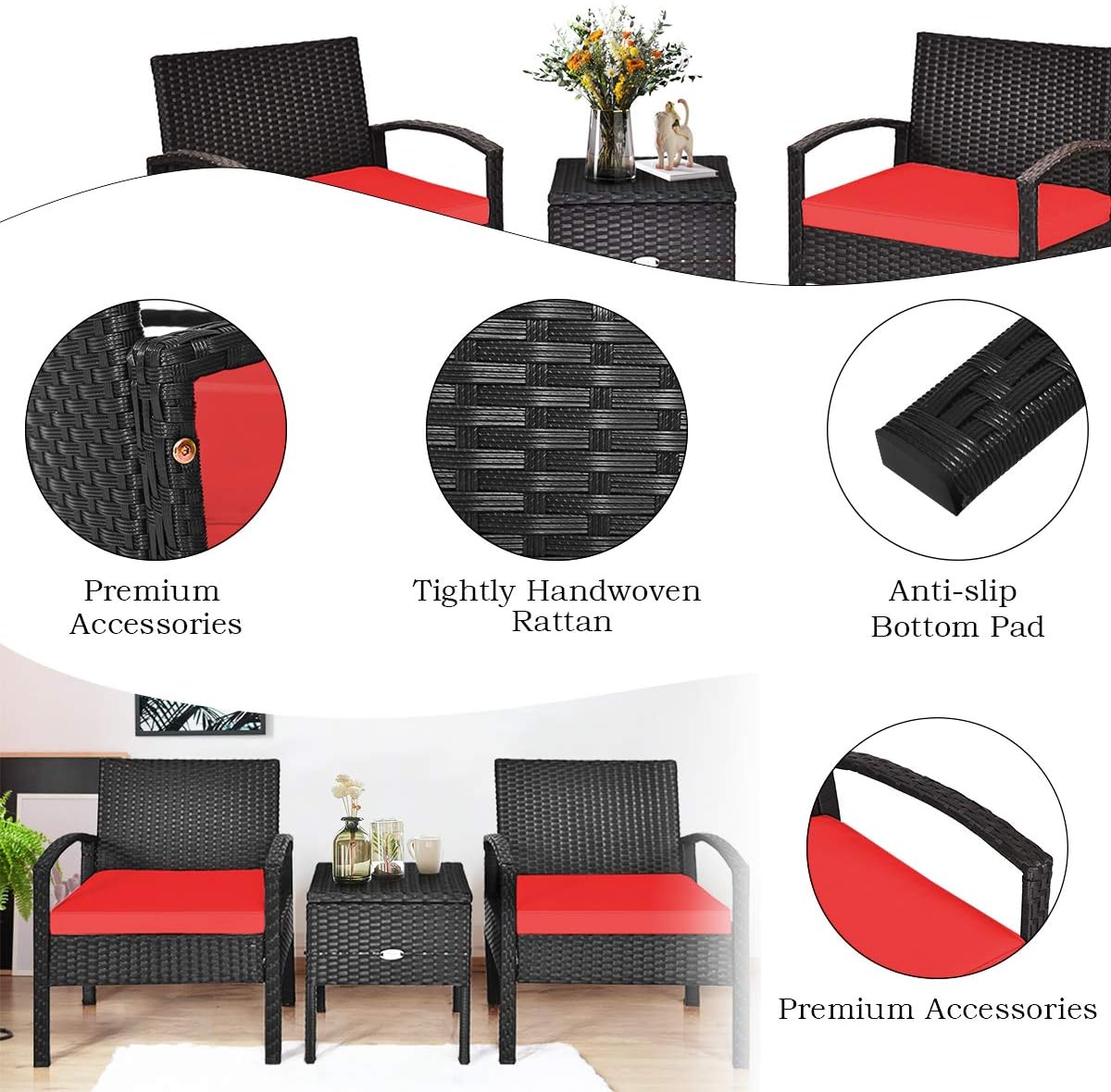 COSTWAY Rattan Patio Furniture Set 3 Pieces, Wicker Conversation Set with Tempered Glass Coffee Table, Seat Cushions, Outdoor Chair Wicker Sofa for Backyard Balcony Porch Poolside, Red