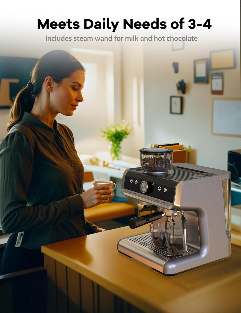 Espresso Machine with Grinder & Milk Frother - 20 Bar Professional Coffee Maker with 95 oz Removable Water Tank for Home Brewing Lattes and Cappuccinos - Stainless Steel
