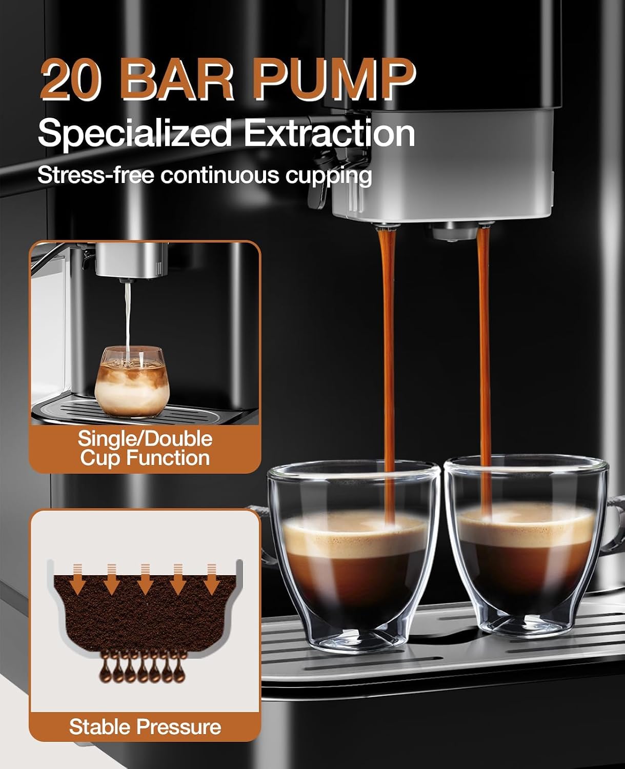 GarveeLife Fully Automatic Espresso Coffee Machine with Built-In Grinder, Milk Frother, Touchscreen, 20 Bar Pump Pressure, 1.5L Detachable Water Tank, One-Touch Latte & Cappuccino Maker, 1350W Gold