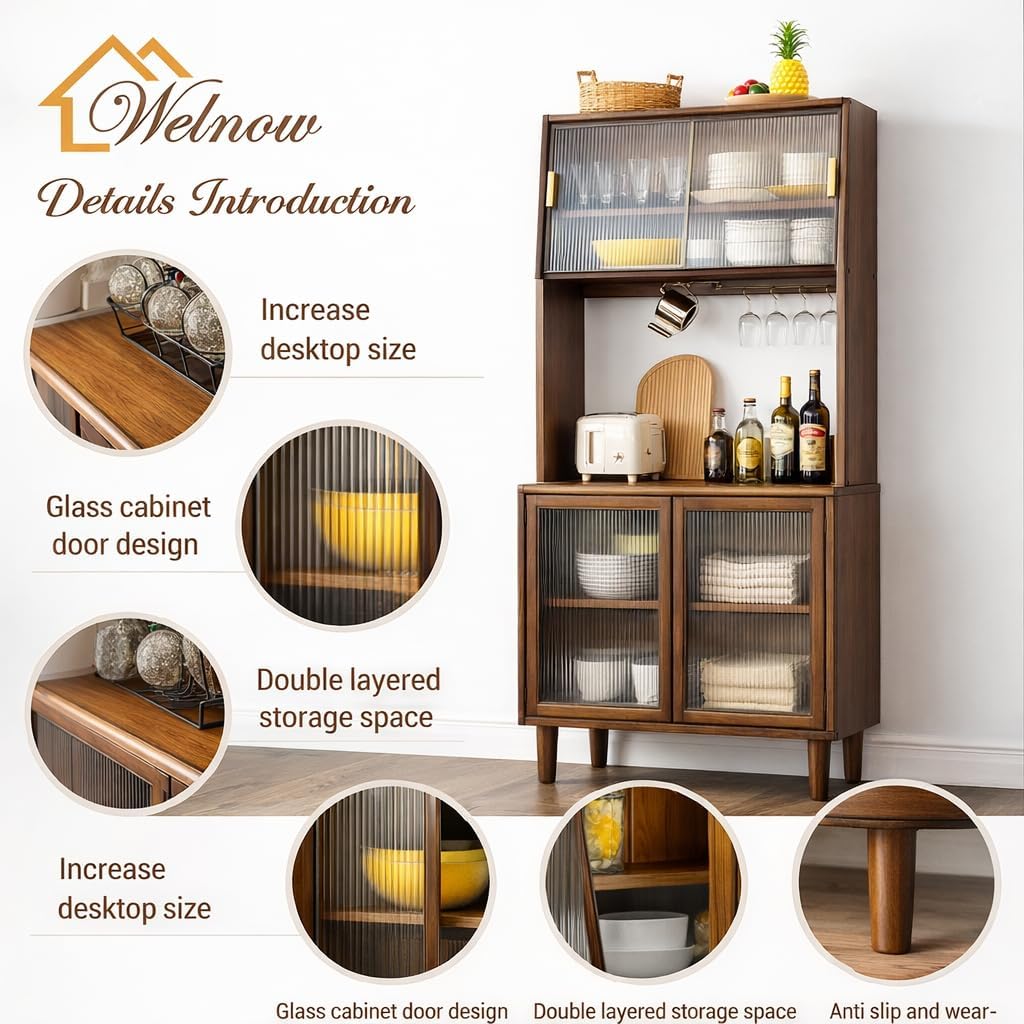 Welnown Kitchen Hutch Cabinet with Countertop, 31' Tall Pantry Storage Cabinet, Rattan Solid Wood Buffet Sideboard, Entryway Storage Table for Living Room, Dining Room, Hallway, Walnut