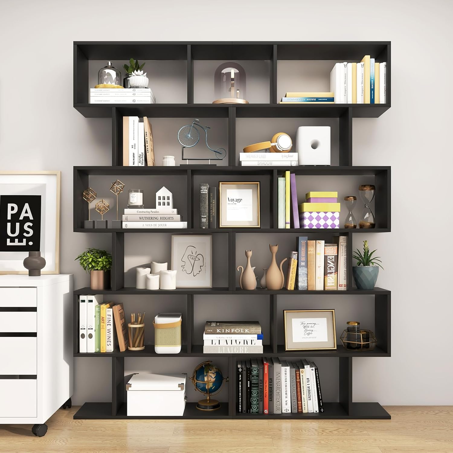 Tangkula 6-Tier Geometric Bookcase, Modern S-Shaped Storage Display Bookshelf for Living Room, Anti-Toppling Device, Home Office Wooden 6 Shelf Open Bookcase (2, Black)