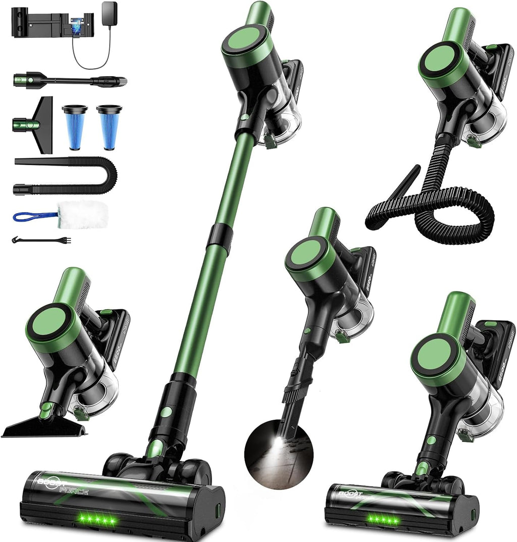 Cordless Vacuum Cleaner, 58Kpa Vacuum Cleaners for Home, 55Mins Stick Vacuum with Self-Standing & LED Display, Anti-Tangle & Wall Mount Charging (Green Black)