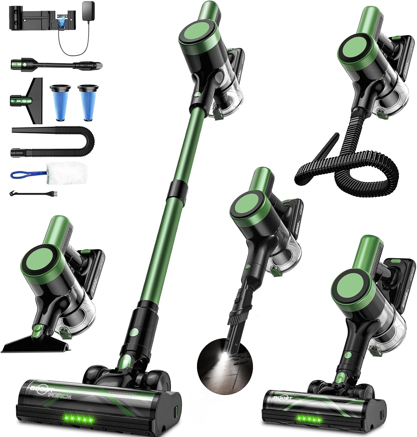 Cordless Vacuum Cleaner, 58Kpa Vacuum Cleaners for Home, 55Mins Stick Vacuum with Self-Standing & LED Display, Anti-Tangle & Wall Mount Charging (Green Black)