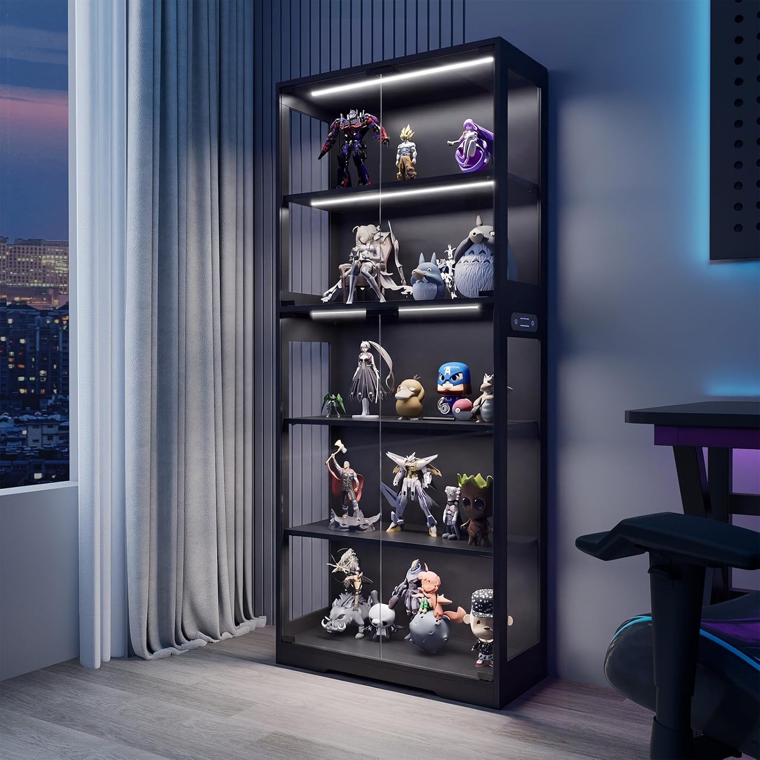 Glass Display Cabinet, 5-Tier Curio Cabinet with Glass Doors, Dimming LED Lights & Motion Sensor, for Collectible Figures, Living Room, Bedroom, or Office (Wooden Frame Black)