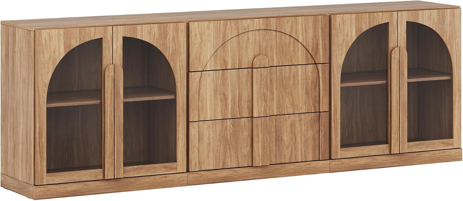 BELLEZE 3-Piece Modular Sideboard Cabinet Freely Configurable, Modern Wood Buffet Cabinet Contain 2 Arched Cabinets and a 3-Drawer Storage, Media Console Credenza for Living Room Kitchen, Camel