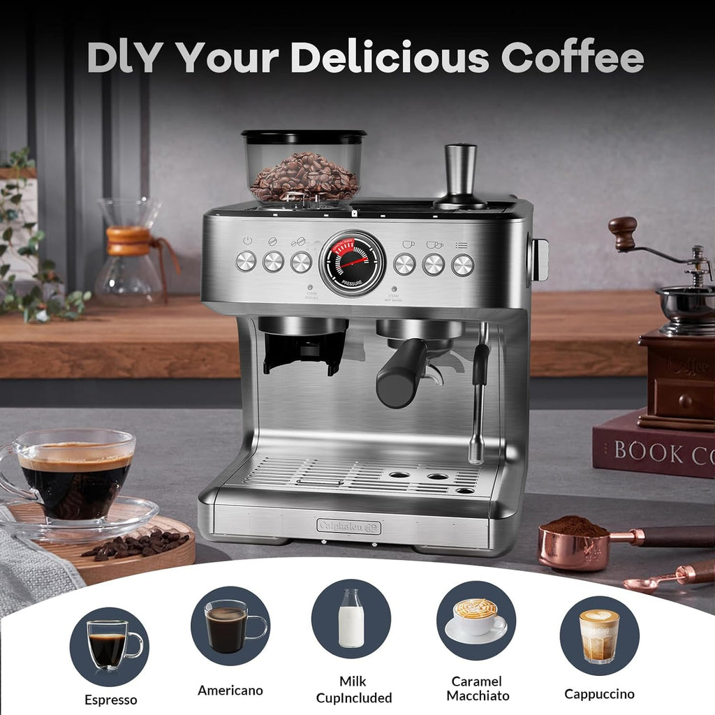 Espresso Machine with Grinder, 20 Bar Semi-Automatic Coffee Maker with Milk Frother Steam Wand, PID Temperature Control, 95 OZ Water Tank, for Cappuccino, Latte, Macchiato, Home Barista, Light Gray