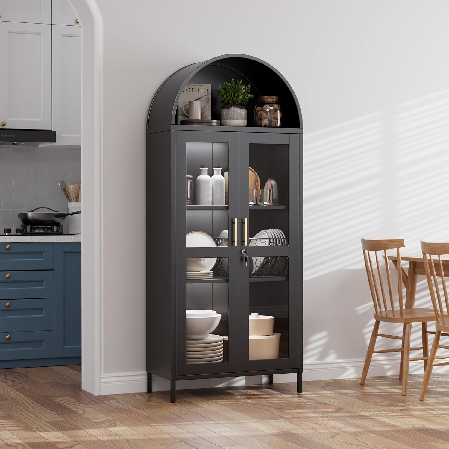 Metal Arched Bookcase Cabinet with 3 LED Strips,Lockable Arched Display Cabinet with Glass Doors for Living Room, Home,Office, Assembly Required (Black)