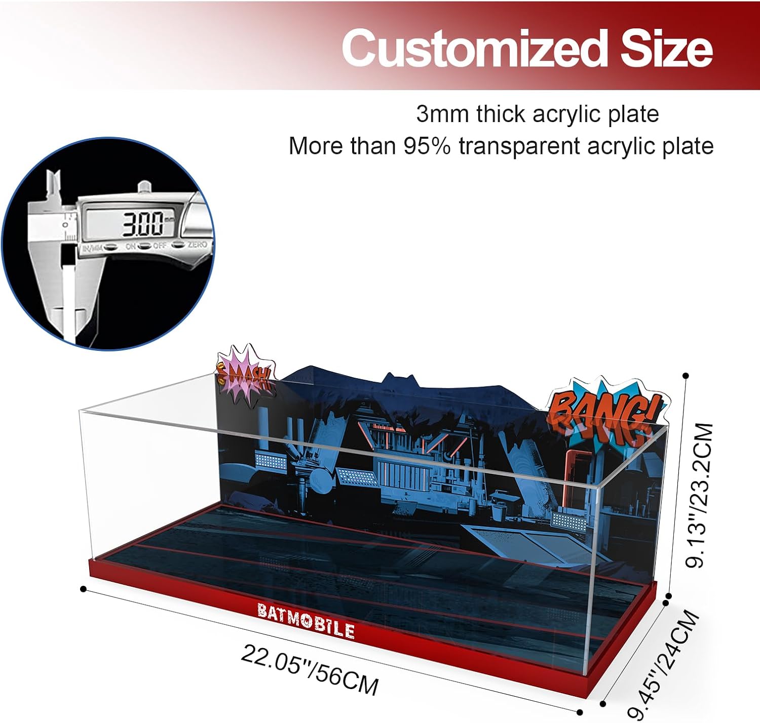 Acrylic Display Case for Lego DC Batman: The Classic TV Series Batmobile, Dustproof Display Box Compatible with Lego 76328 (ONLY Box, NOT Model) Clear Acrylic Plate with Base & HD Painted