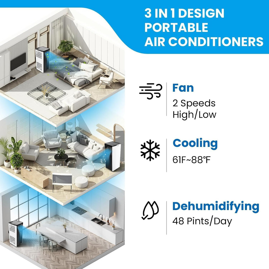 GarveeHome 8000 BTU Portable Air Conditioner, 3-In-1 AC Unit with Fan & Dehumidifier, Quiet Cooling for Rooms Up to 350 Sq.Ft, Remote Control & 24H Timer, Ideal for Bedroom or Apartment Use