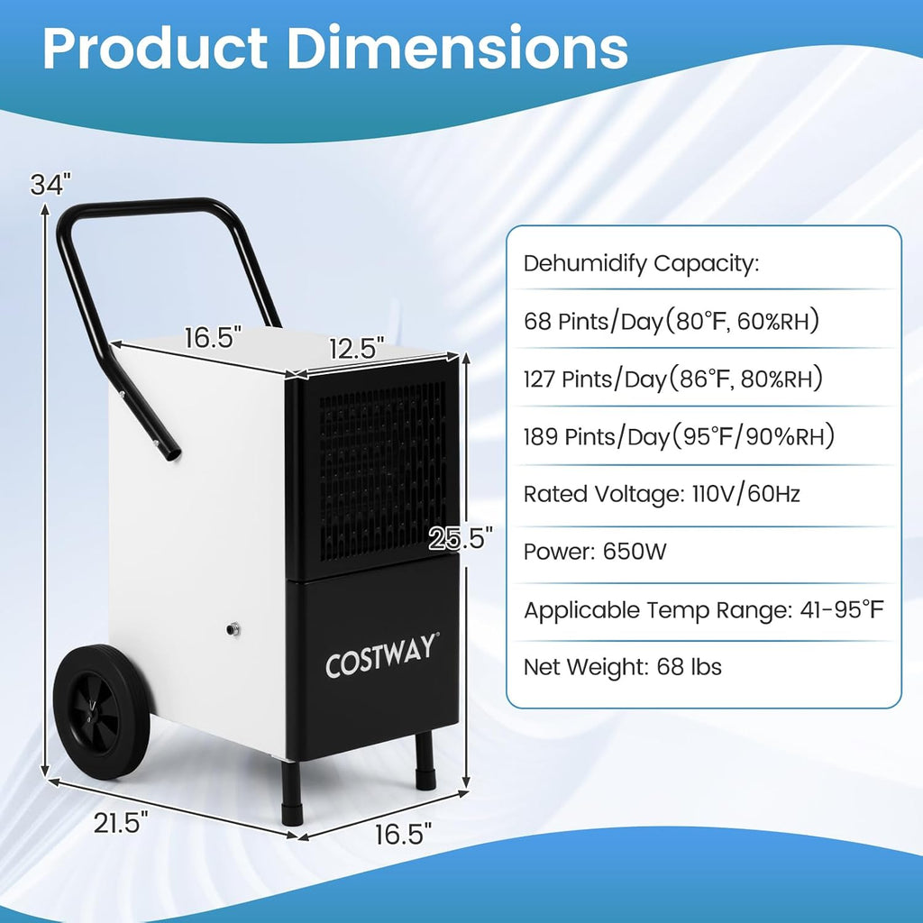 COSTWAY 189 Pints Commercial Dehumidifier with Pump, 3.3Ft Drain Hose & Wheels, Industrial Dehumidifier for Basement, Warehouse, Job Sites & Large Space Up to 7,500 Sq.Ft