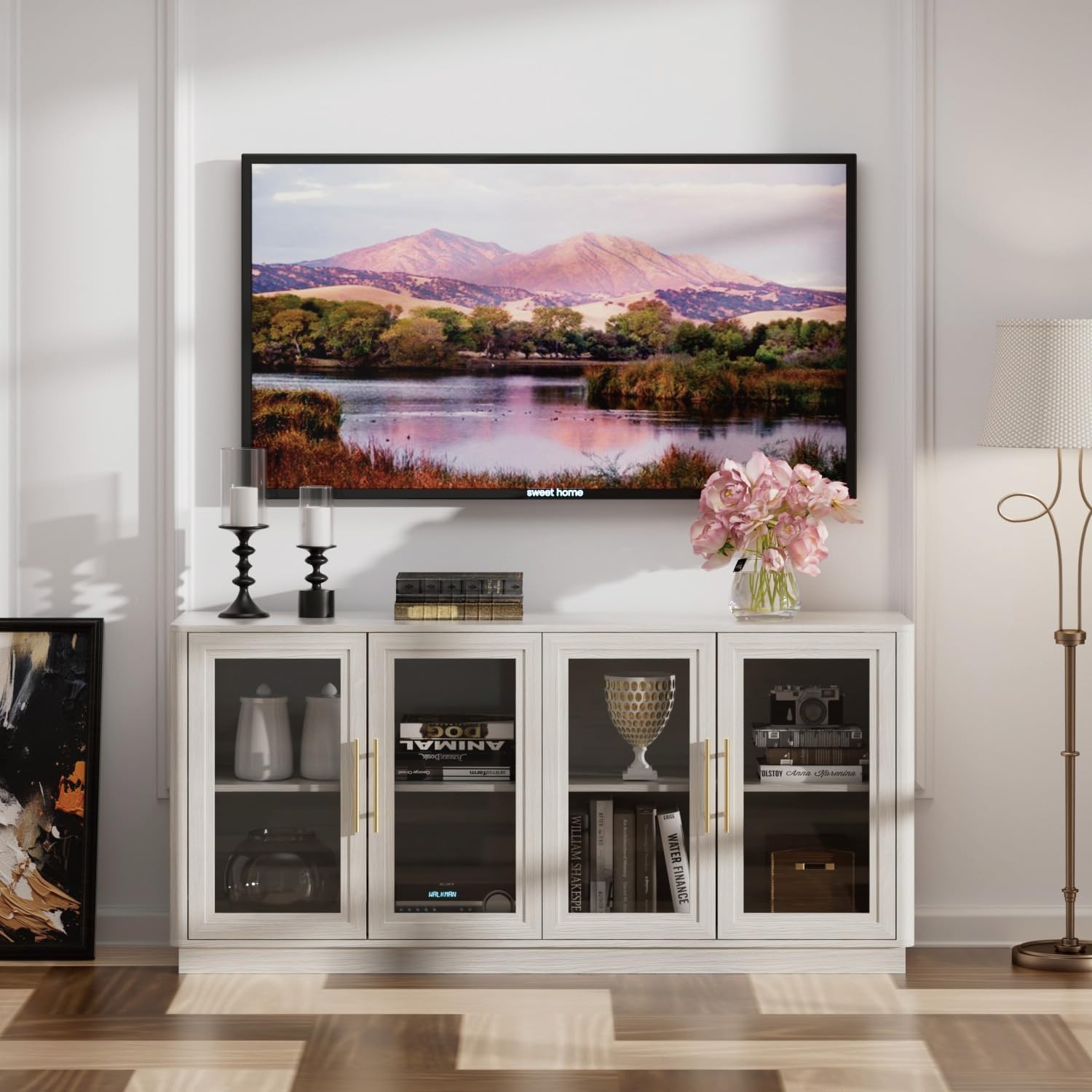 NEWOWNDS Buffet Cabinet with Storage,63' Large Sideboard,Kitchen Storage with 4 Glass Doors, Modern Glass Display Cabinet,Entryway Table for Dining Room,White