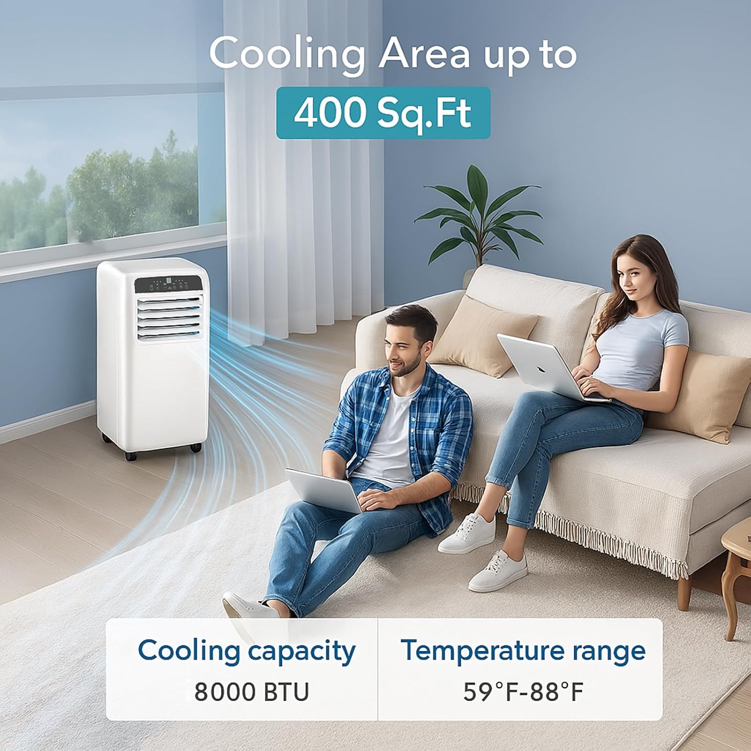 8000 BTU Portable Air Conditioner, Quiet 3-in-1 AC Unit for Room Up to 400 Sq.Ft with Dehumidifier, Fan, Cooling, Remote Control & 24H Timer, Compact Design for Bedroom, Apartment, Office