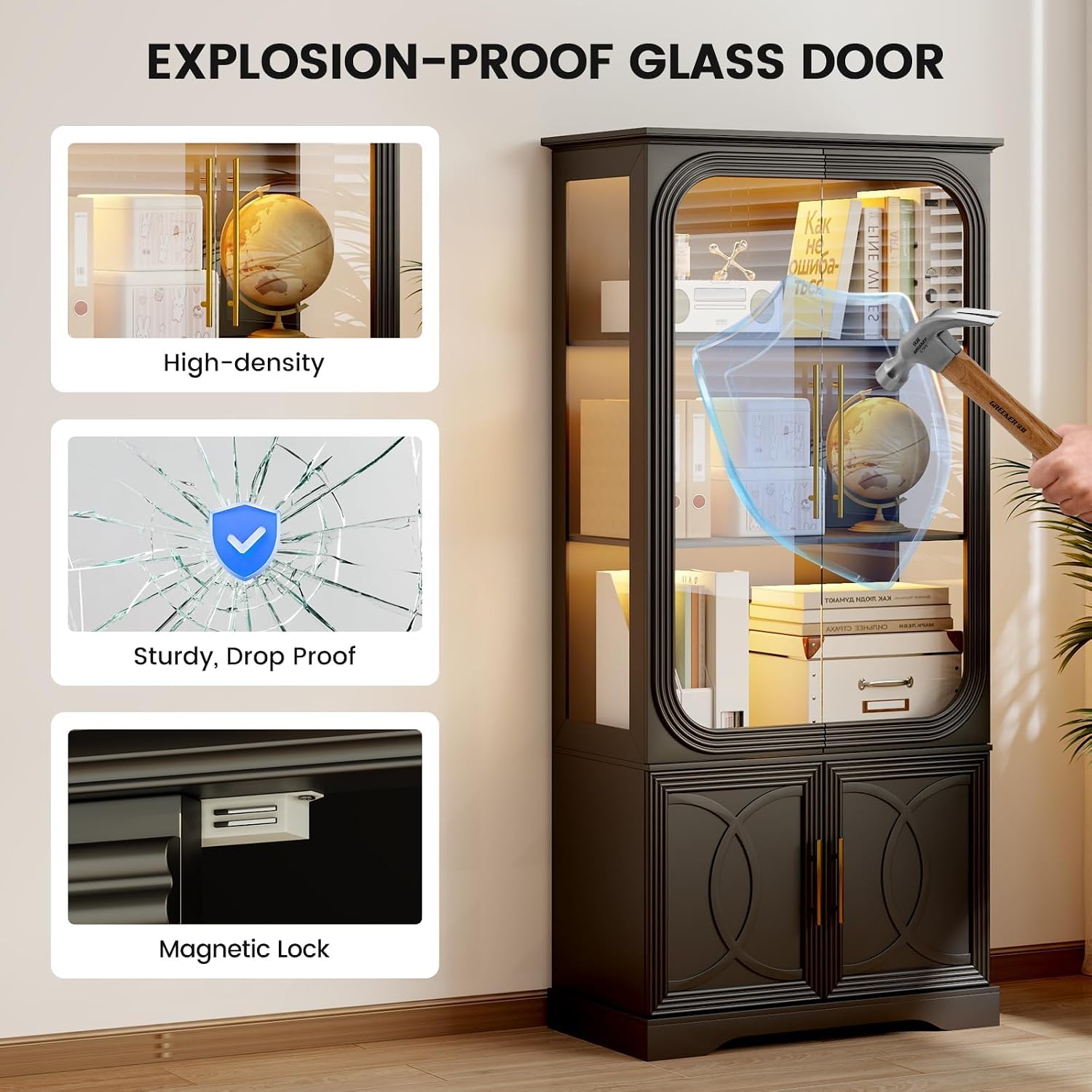 Lareth Display Curio Cabinet with Glass Doors, 69 in Tall Bookcase with LED Lights, Storage Cabinet|Kitchen Pantry Cabinet, 5 Tier Glass Display Case for Living Room, Home Office, Black