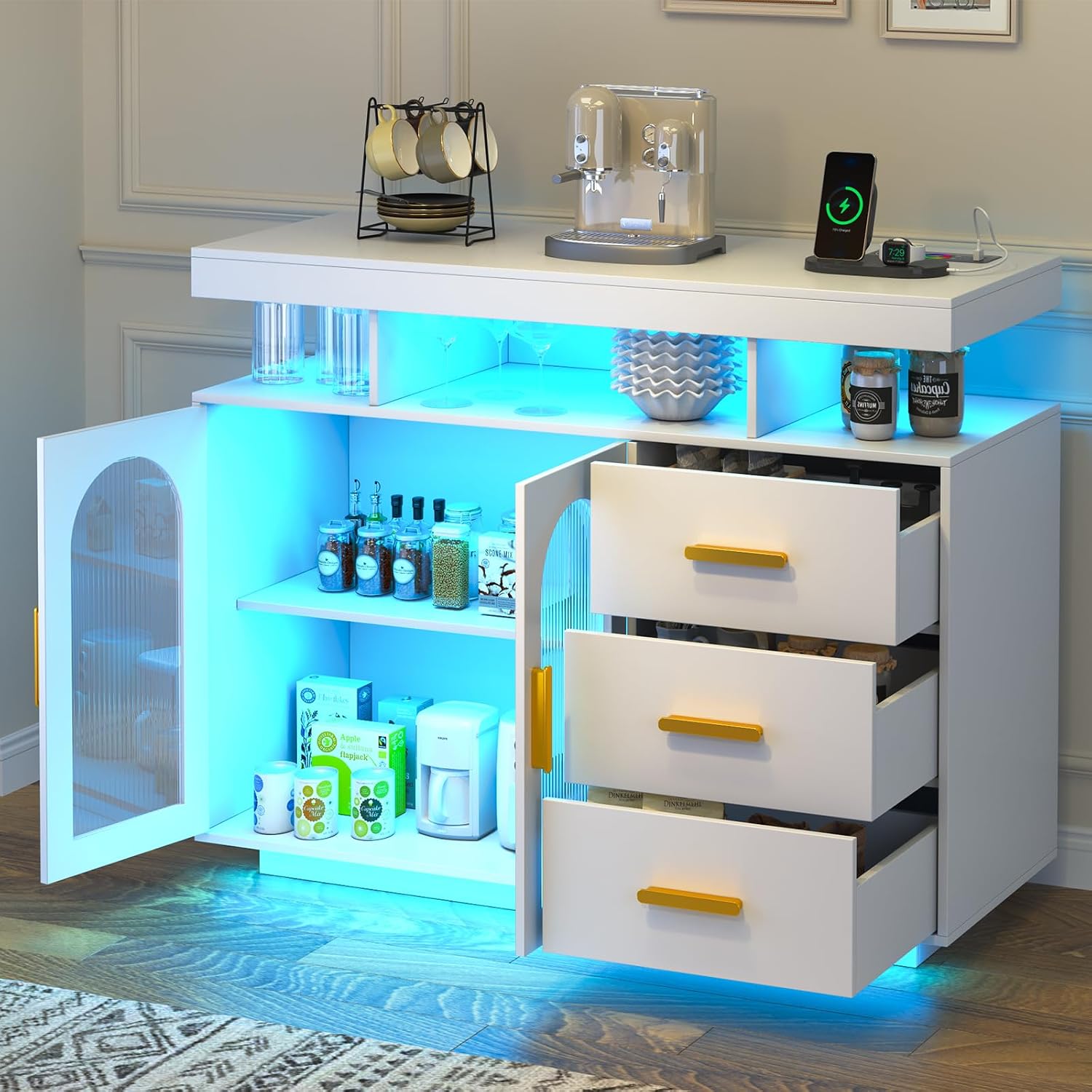 HNEBC LED Sideboard Buffet with Charging Station, Smart Bar Cabinet with Auto RGB Lighted, Coffee Bar with 3 Drawers/Adjustable Shelf for Living Room, Dining Room,Home Storage (White)