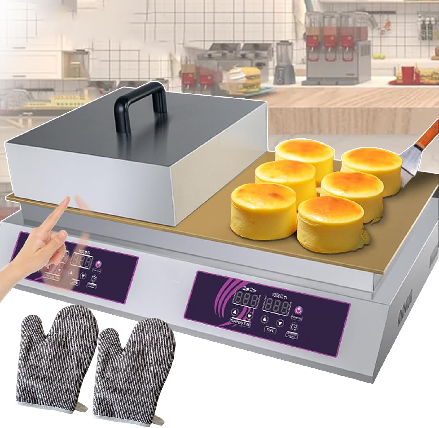 Electric Pancake Souffle Maker 60-240°C Commercial Griddle, Double-head Souffle Making Machine with 12.6 * 13.8 * 6.3in Lid, Electric Contact Grill for Food Stand, Restaurant, Home Use