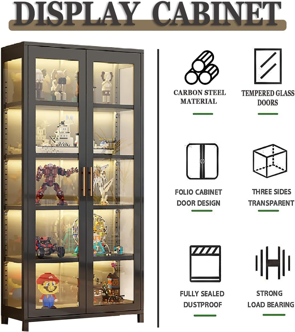 Display Cabinet with Glass Doors, 5-Tier Metal Curio Cabinet, Glass Display Cases for Figurine, Toy Organizers Rack & Display Shelf, Kids Bookcase for Home Office, Playroom, Living Room