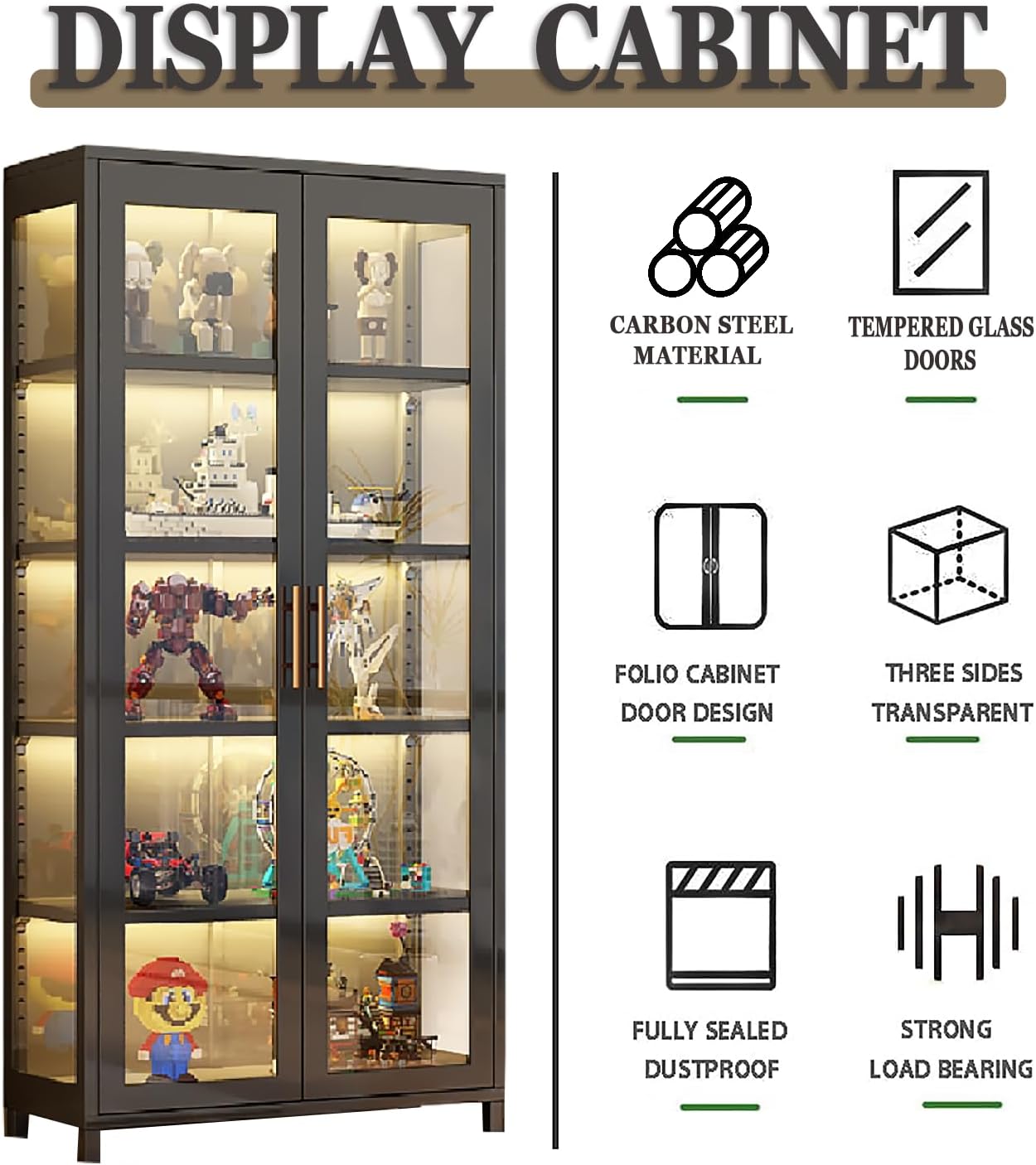 Display Cabinet with Glass Doors, 5-Tier Metal Curio Cabinet, Glass Display Cases for Figurine, Toy Organizers Rack & Display Shelf, Kids Bookcase for Home Office, Playroom, Living Room
