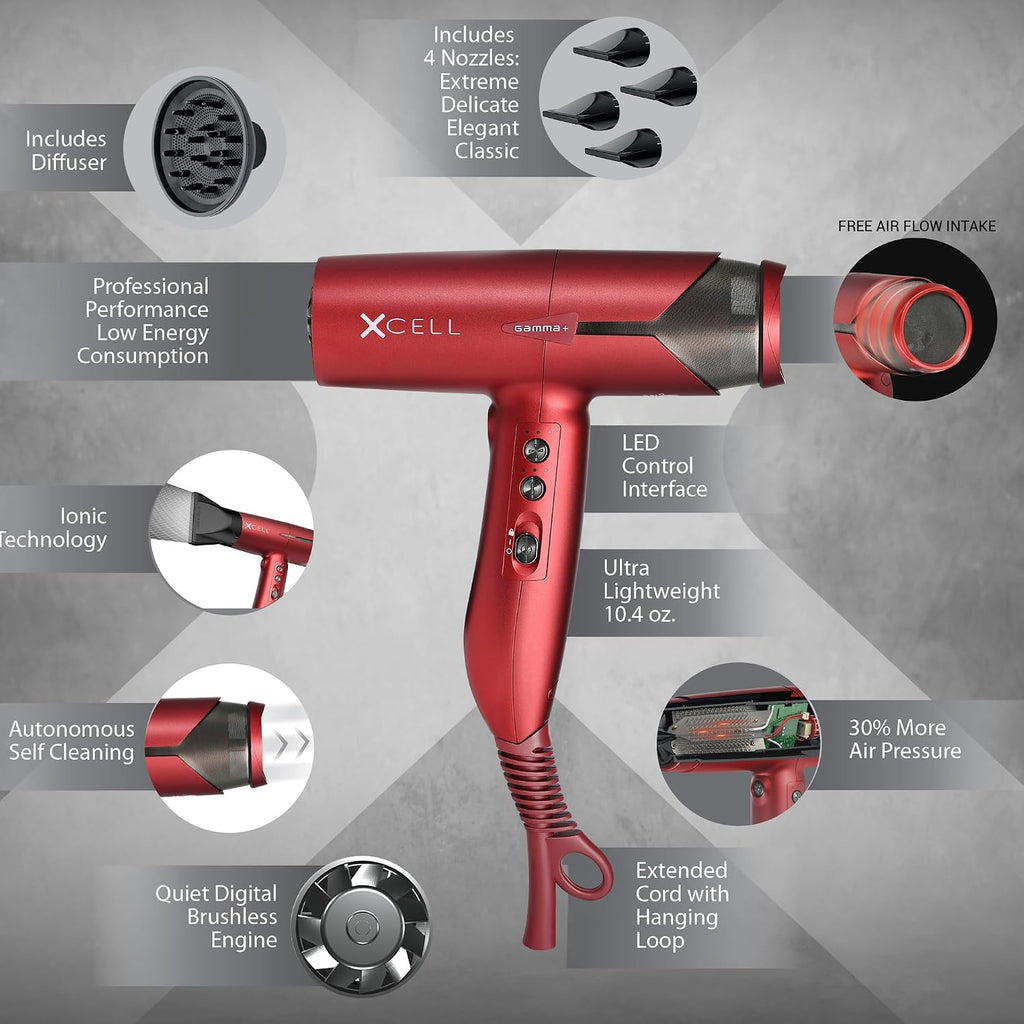 GAMMA+ XCell Professional Ultra-Lightweight Hair Dryer Digital Motor Ionic Technology Whisper Quiet 12 Heat/Speeds