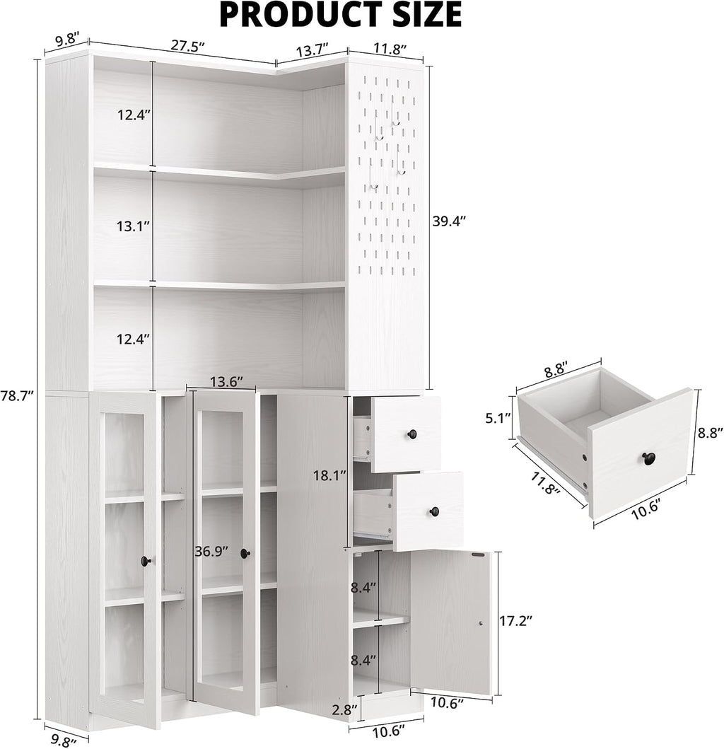 IRONCK Corner Bookshelf with LED Lights, 78.7' Tall Corner Bookshelves with 2 Drawers & Transparent Doors, 7 Tiers L-Shaped Bookcase with Open Shelves and Pegboards for Living Room, Home Office, White