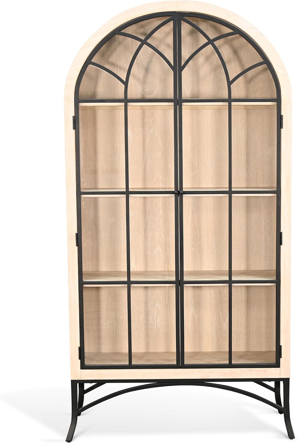 Sunny Designs Ella Arched Metal & Wood Display Cabinet with Glass Doors – Powder-Coated Steel Frame, Magnetic Latches, Adjustable Shelves, Windowpane Design, Living Room Storage (Bergen Oak)