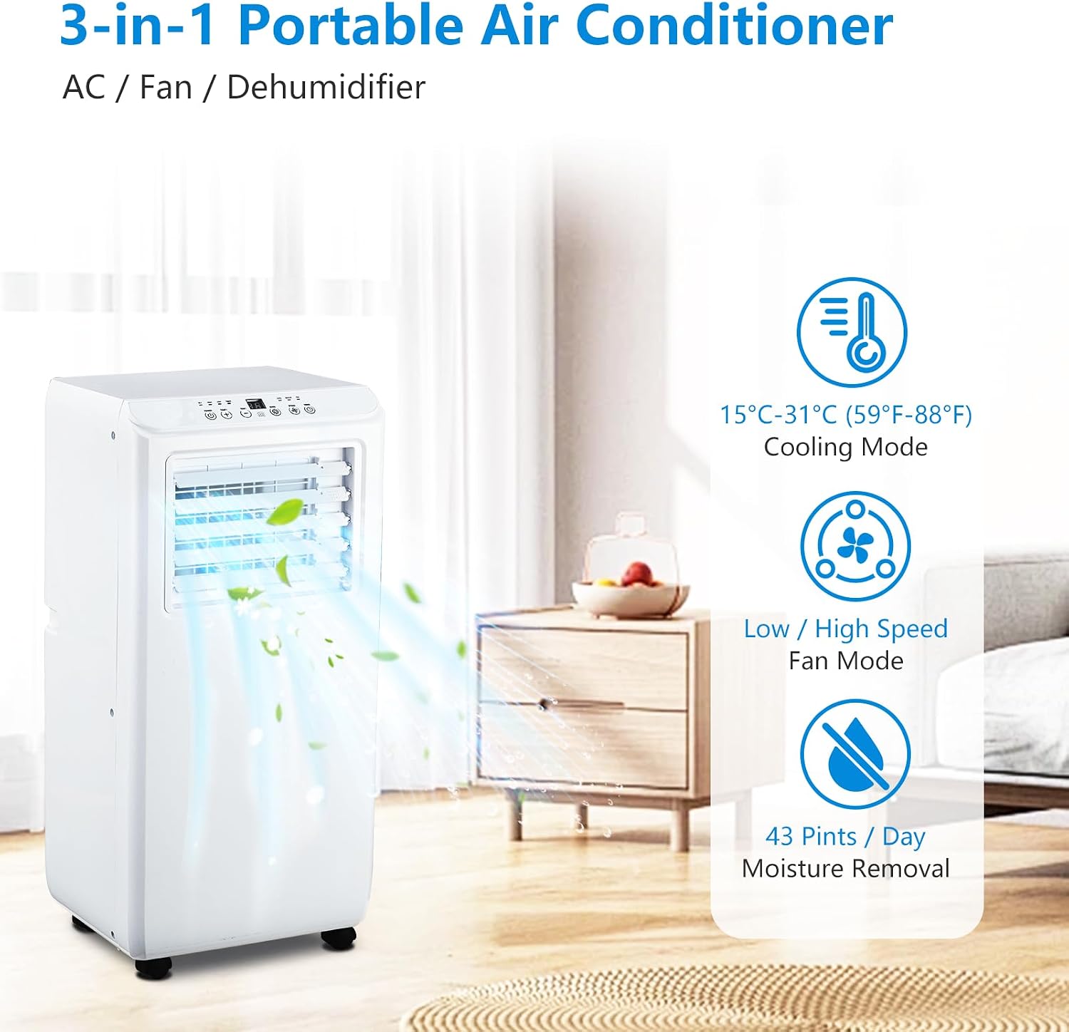 Portable Air Conditioner 3 in 1 with Remote Cool, KOKEBREN 10000 BTU(ASHRAE) / 6500 BTU (SACC), Dehumidifier & Fan Modes For Home Up To 450 Sq.Ft, Installation Kit For Room, Office, Dorm, Bedroom