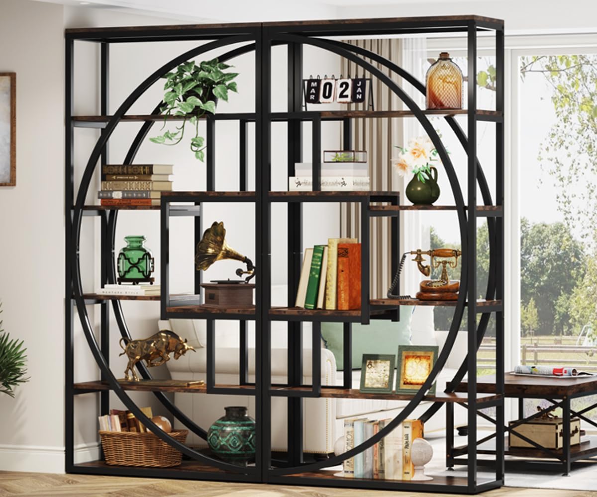 Tribesigns Bookshelf, Industrial 5-Tier Etagere Bookcase, 70.8' Tall Bookshelf with 8 Storage Shelf, Book Shelf Display Tack Shelving Unit for Home Office (Rustic Brown, 2PC)