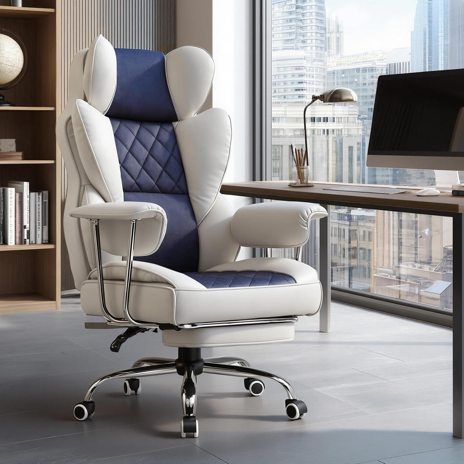 GTPLAYER Gaming Chair,Office Chair with Pocket Spring Lumbar Support, Ergonomic Comfortable Wide Office Desk Computer Chair with Outward Fixed Soft Armrests and Footrest (Fabric, Light Blue & White)