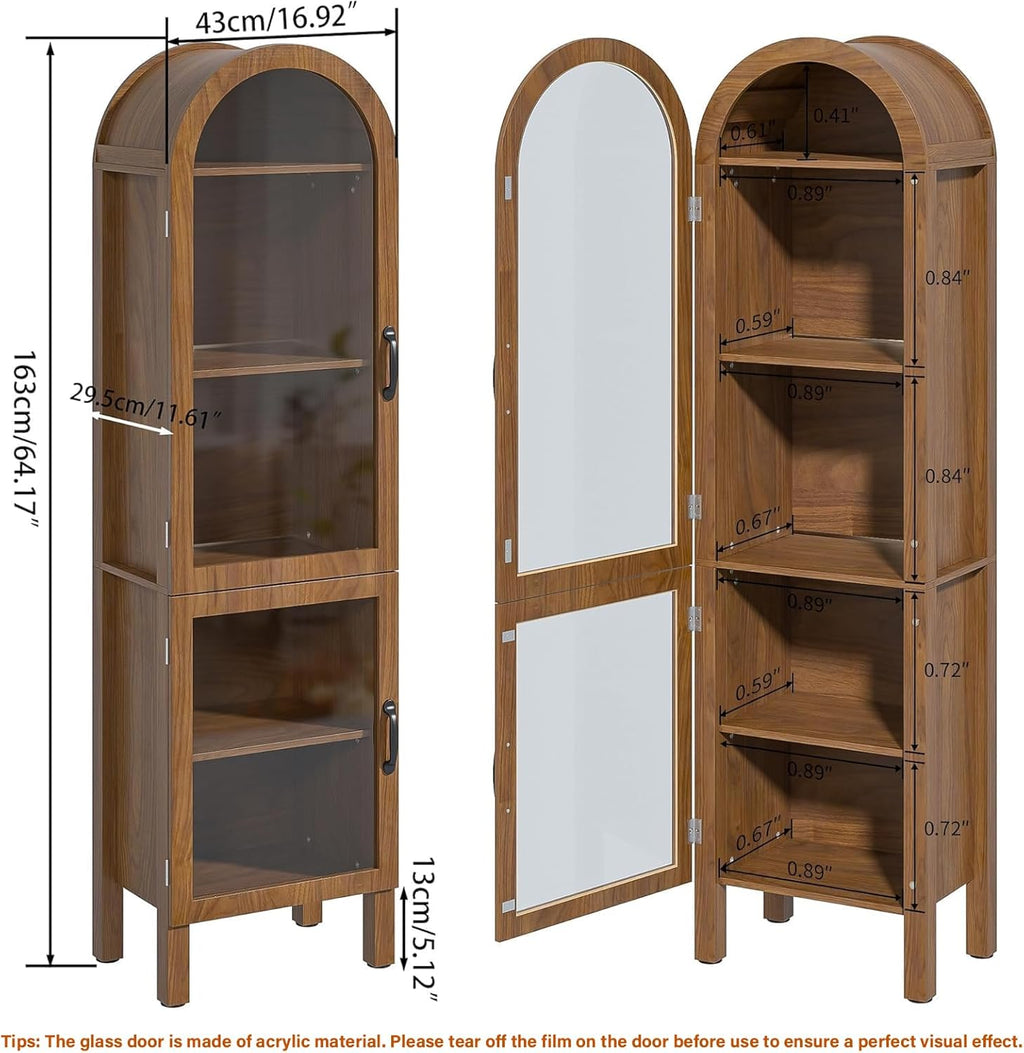 Lxsxlome 64.17 in Tall Arched Display Cabinet with Acrylic Glass Doors 5-Tier Kitchen Pantry Storage Cabinets Modern Wood Curio Cabinet Bookcase for Living Dining Room (Walnut, 16.92''W)