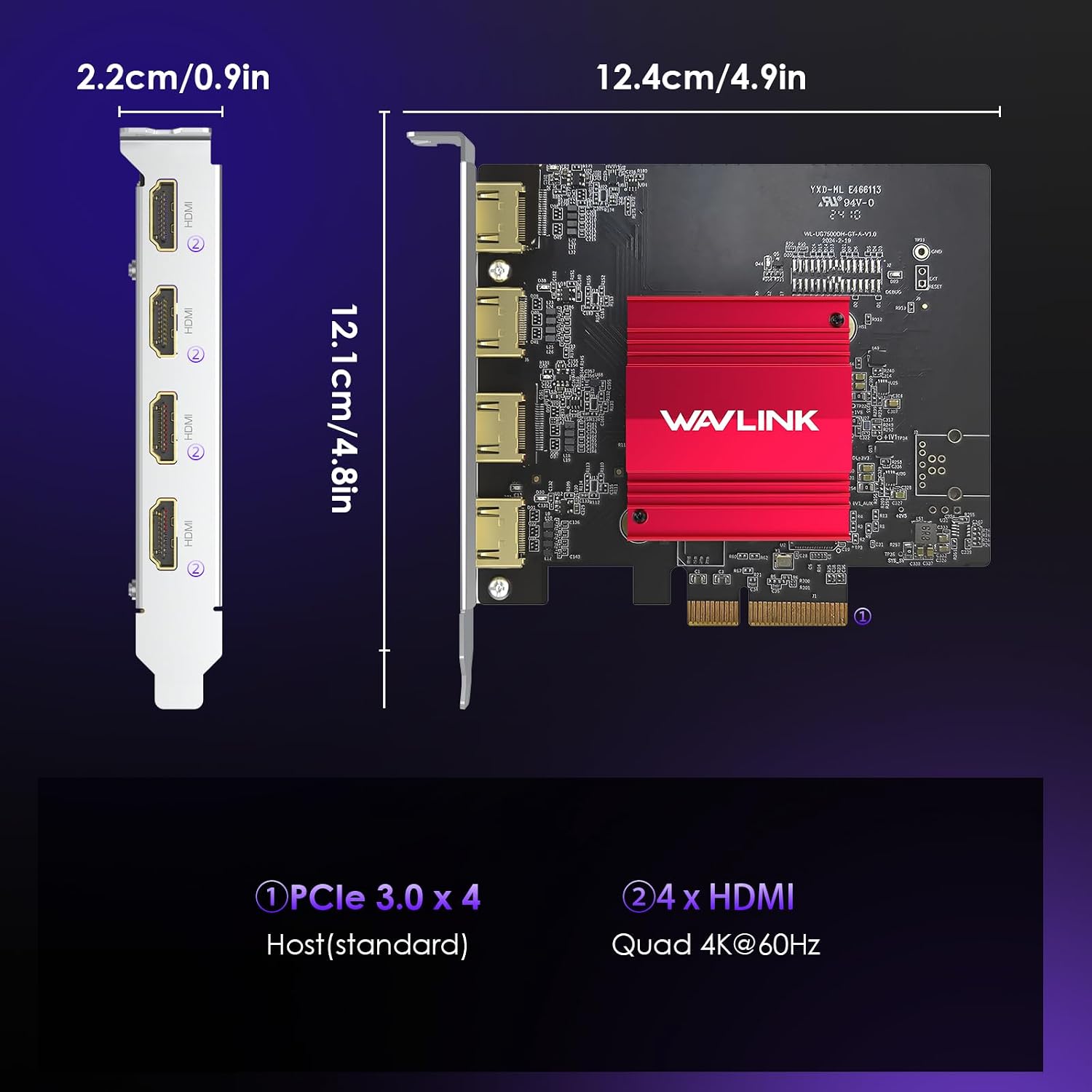 WAVLINK 4K PCIE 4 HDMI Monitors Card, PCIE to HDMI Adapter Supports Extend 4 Monitors Output for Windows 11/10 & Ubuntu with DisplayLink DL7400(Non-Gaming GPU)