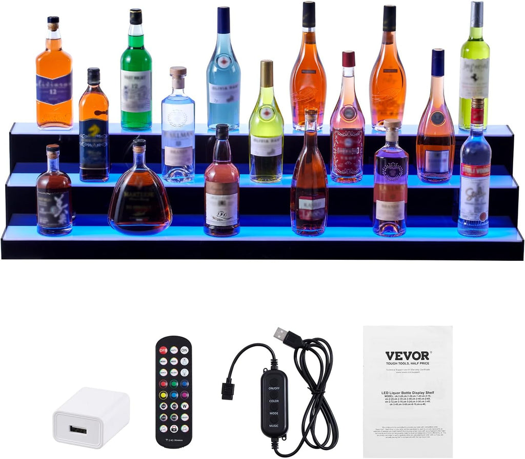 VEVOR LED Lighted Liquor Bottle Display, 3 Tiers 48 Inch Commercial Illuminated Home Bar Shelf, 3 Steps Whiskey Rack Stand, Acrylic Drink Shelves with RF Remote & App Control, and Multicolor Light