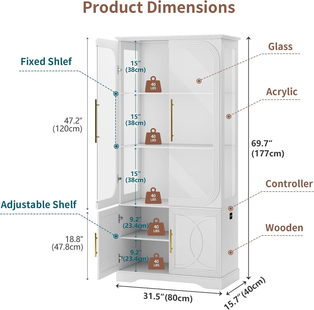 2pc Wood Display Cabinet with Glass Doors, 69' Tall Curio Cabinet with LED Lights, Glass Display Case with Storage and 3 Shelves for Living Room, (White-2)