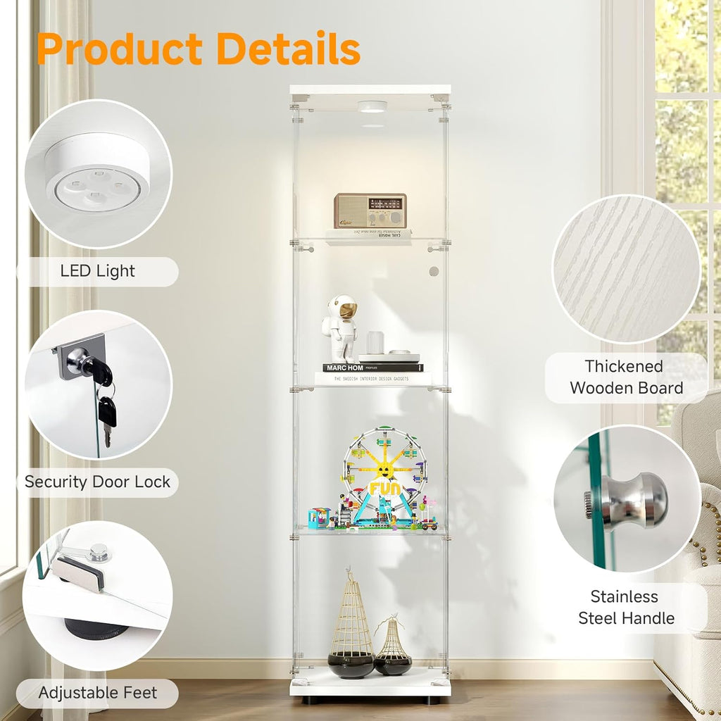 Zevemomo Tempered Glass Display Cabinet with Lights, 4-Tier Curio Cabinet with Glass Doors and Lock, Glass Display Case for Collectibles, for Living Room, Bedroom, Office, White, Single Door