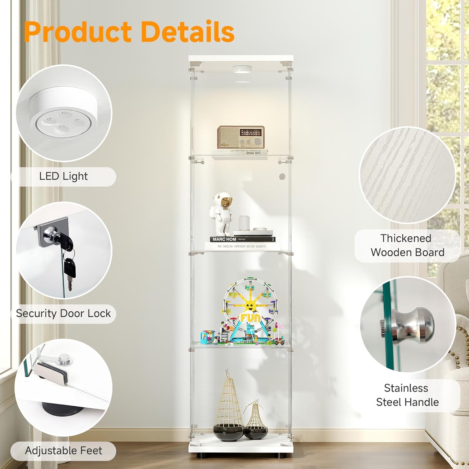 Zevemomo Tempered Glass Display Cabinet with Lights, 4-Tier Curio Cabinet with Glass Doors and Lock, Glass Display Case for Collectibles, for Living Room, Bedroom, Office, White, Single Door