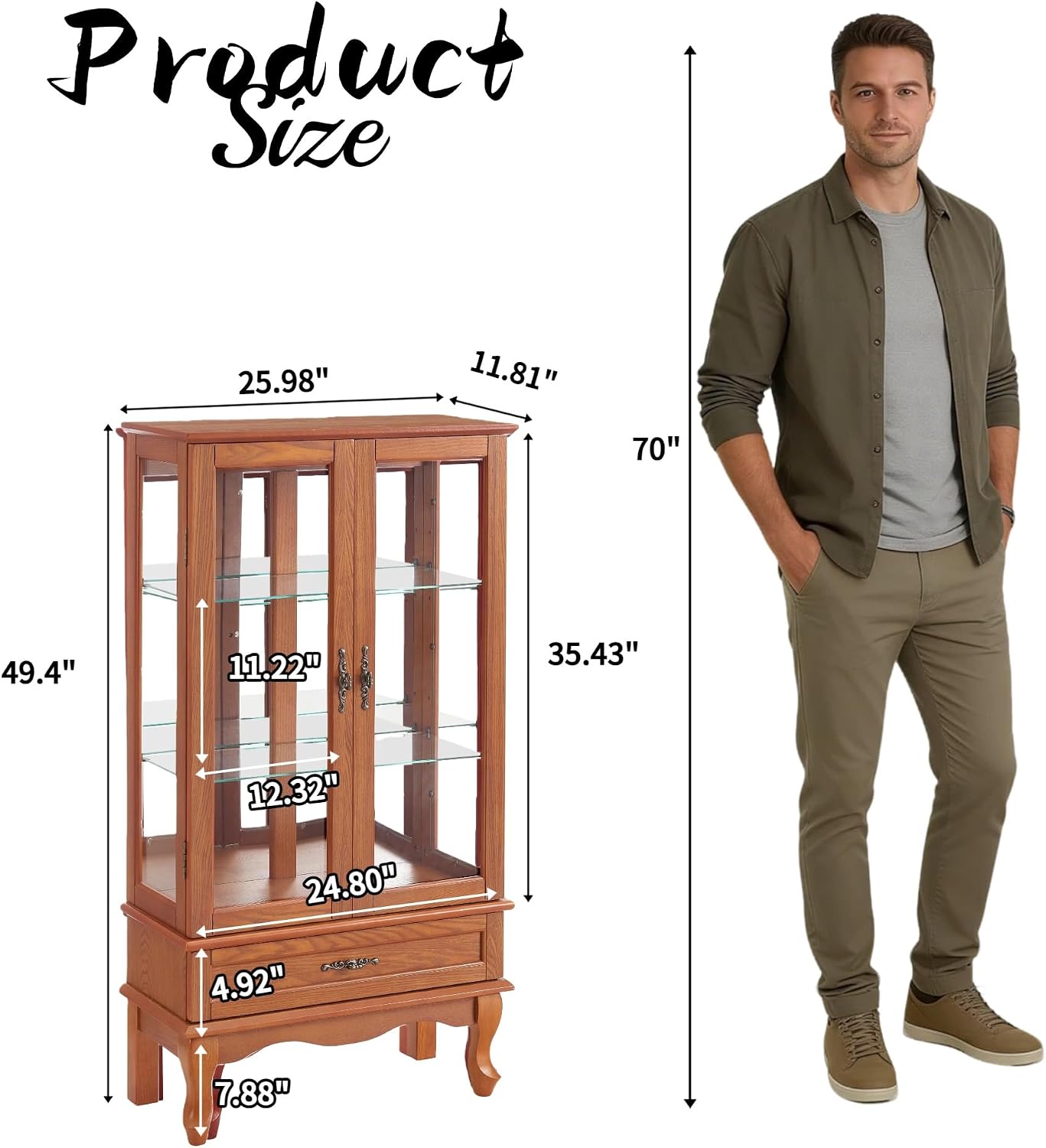 49' H Lighted Curio Display Cabinet with 2 Glass Doors & 1 Drawer, Wooden Curio Showcase w/Adjustable Shelves & Mirrored Back Panel, Wine Storage Cabinet Display Case for Living Room (Oak)