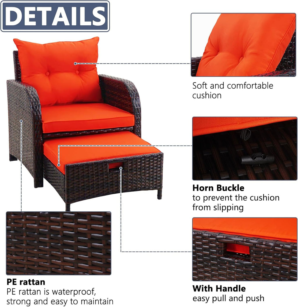 5 Pieces Wicker Patio Chairs Set with Ottomans, Orange Cushioned Lounge Chairs Set of 2 with Ottoman, PE Rattan Outdoor Furniture with Ottoman Set for Balcony Porch