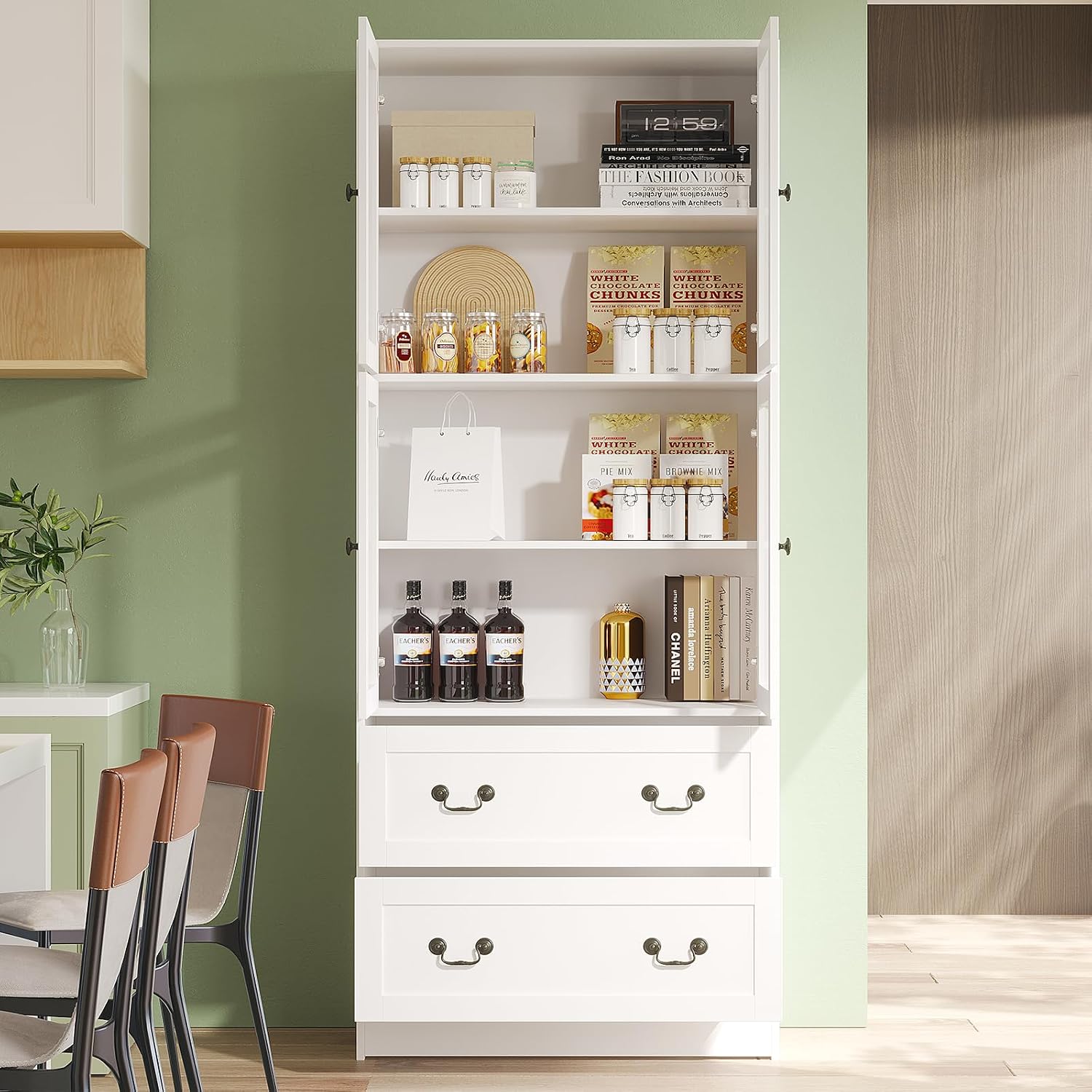 VOWNER 78.7' H Bookcase with Glass Doors, 4-Tier Bookshelves with 2 Drawers, Modern Display Storage Cabinet for Home Office, Living Room, White