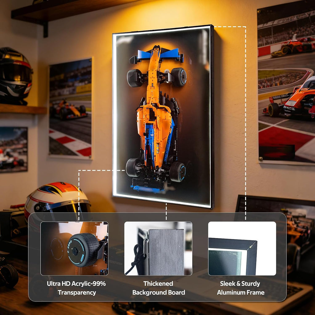 Display Wallboard for Lego Technic 42141 Technic McLaren F1 2022,Display Board with LED Lights,Adult Collectibles Wall Mount,Gift Idea, Home Decor(No Car Included)