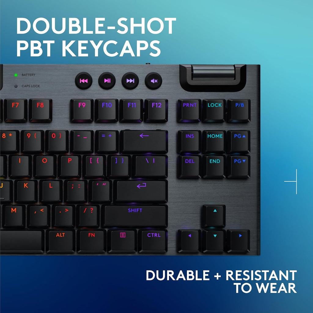Logitech G915 X Lightspeed TKL Low-Profile Wireless Gaming Keyboard, Double-Shot PBT Keycaps, Fully Programmable Keys, RGB Backlighting, Sleek Aluminum Finishing, GL Blue Clicky - PC/Mac - Black