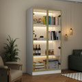 Display Cabinet with Glass Doors and Lights, Glass Display Cabinet with 4-Tier Storage Shelves, Pop-up Design, Trophy Case White and Champagne Gold (31.5'W x 15.7'D x 63'H)