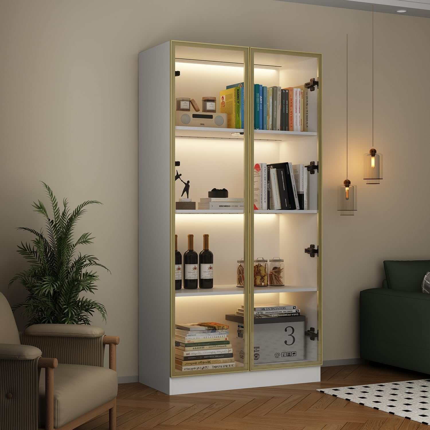 Display Cabinet with Glass Doors and Lights, Glass Display Cabinet with 4-Tier Storage Shelves, Pop-up Design, Trophy Case White and Champagne Gold (31.5'W x 15.7'D x 63'H)