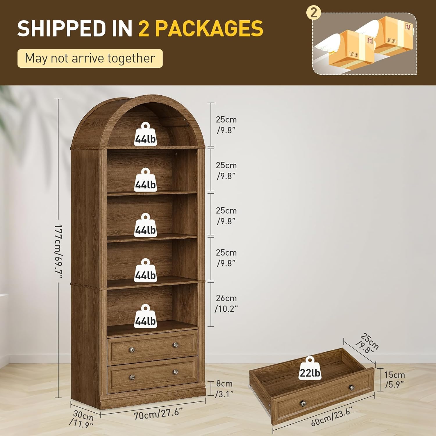 RALGEND Farmhouse Arched Bookshelf Set of 2, 7 Tiers Arch Bookcase with 2 Spacious Drawers, Modern Book Shelf with Open Display Shelves and Storage Cabinet, for Office, Living Room, Kitchen, Walnut