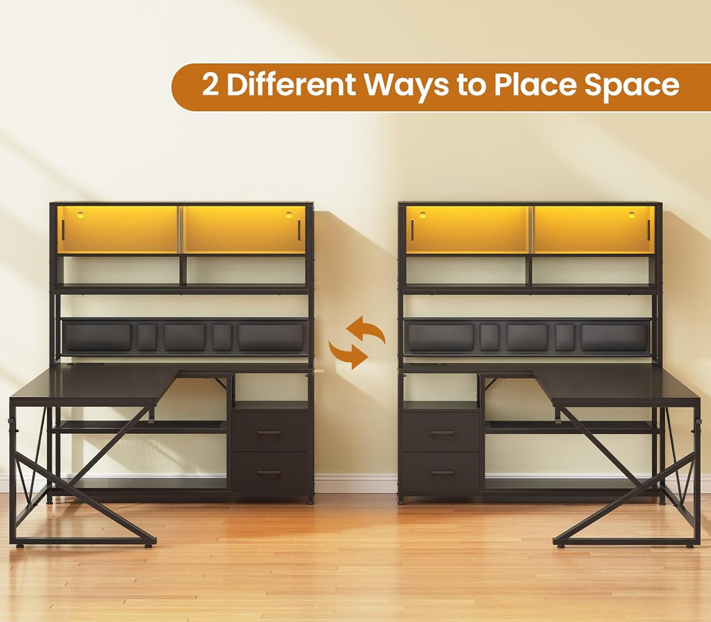 SEDETA L Shaped Gaming Desk, Home Office Computer Desk with 2 Drawer and Bookshelf, L Shaped Gaming Desk with LED Light, Glass Cabinet and Storage Bag, Corner Desk with Storage Shelves, Black